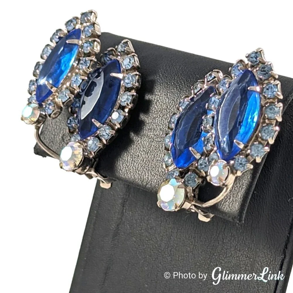 VTG Aurora Borealis Blue Rhinestone Ear Climber Silver Tone Clip On Earrings